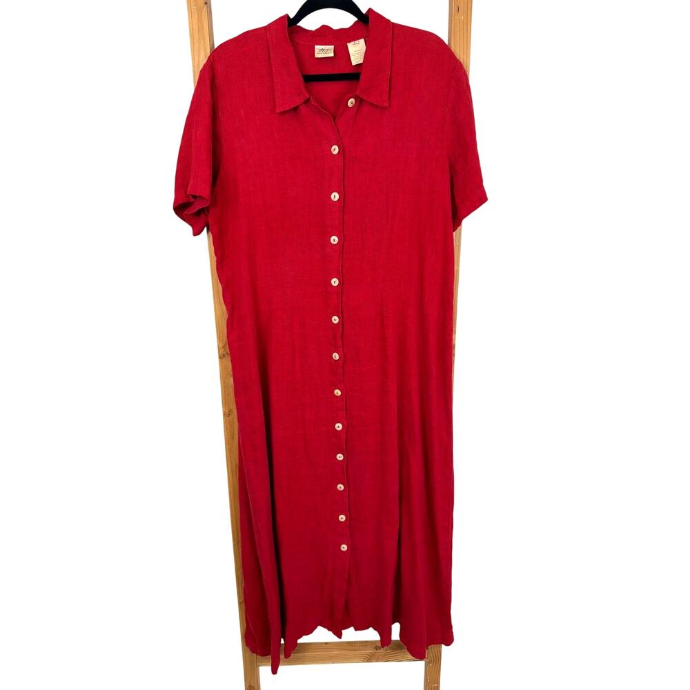 Vintage Norm Thompson MADE USA Red Linen Short Sleeve Tie Back Maxi Dress Large